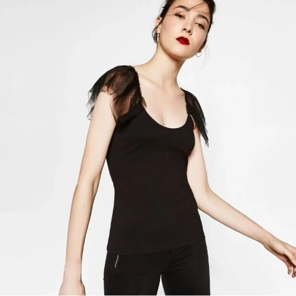 Zara Black Tank Top Mesh sleeve details - Picture 2 of 7